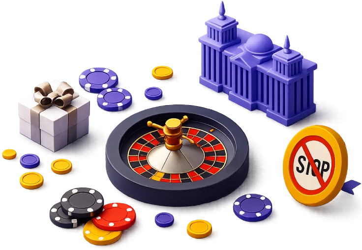 Illustration mit Roulette, Casinochips, Geschenkbox und Stoppschild für Glücksspiel